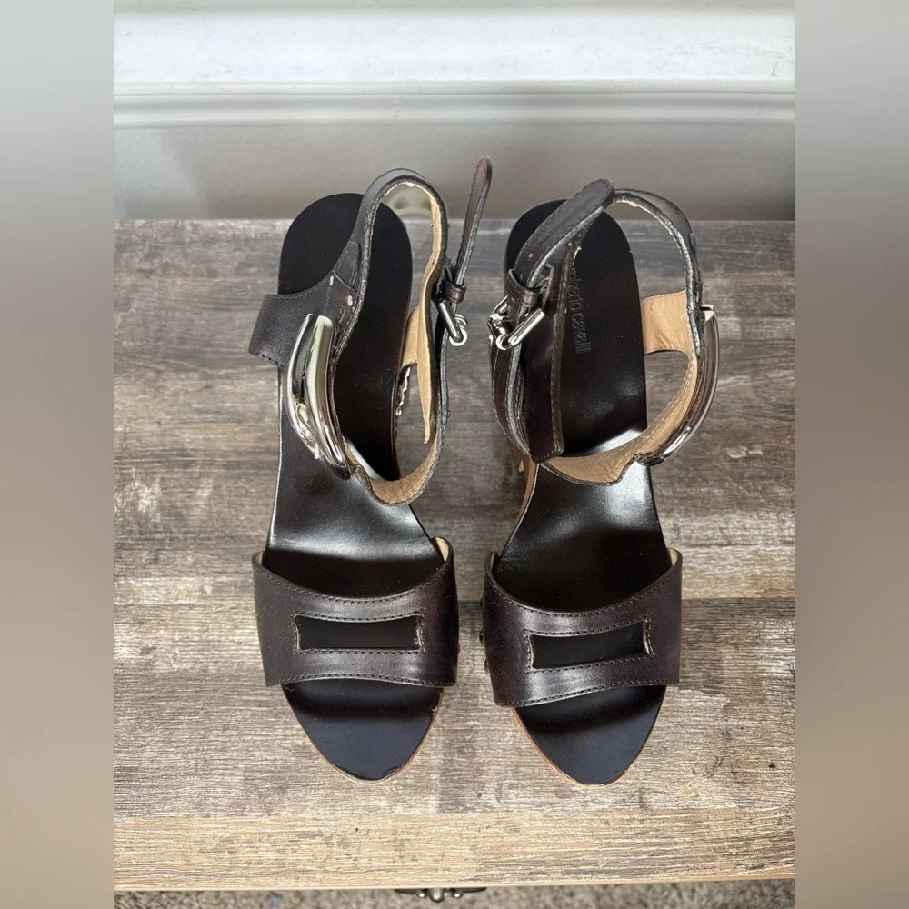 Roberto Cavalli Black and Brown Wedge Sandals